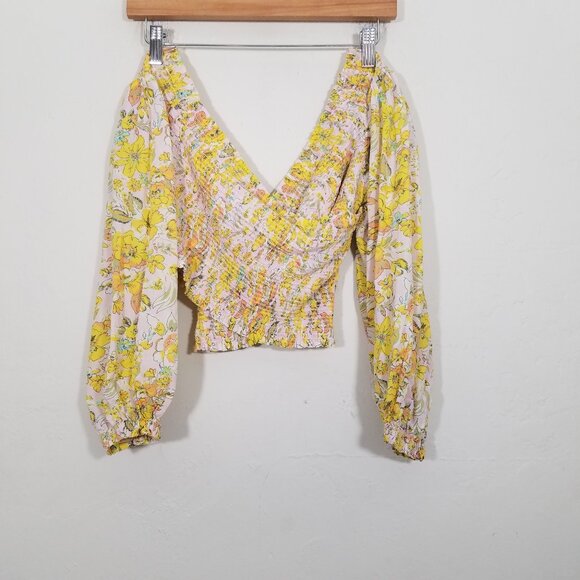 Free People Floral Long Sleeve Crop Top Blouse Yellow Size L - Picture 1 of 5